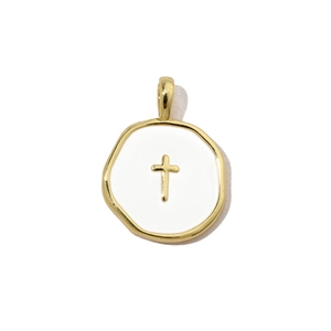 Detail of cross pendant featuring white enamel inlay and golden irregular round frame