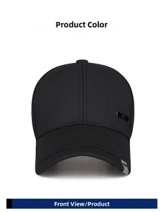 Detailed front view of a black twill cotton business baseball cap with metal accent decor