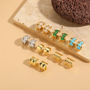 Fashion Ear Cuffs For Women Copper Gold Plated With Zircon Emerald Green Turquoise Oval Geometric Minimalist Chic Jewelry