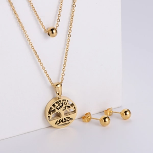 Double-layered gold tree of life necklace and minimalist bead earrings jewelry set