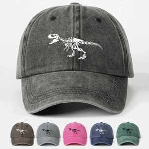 Vintage Washed Cotton Baseball Cap Dinosaur T-Rex Skeleton Print Adjustable Retro Streetwear Hat For Men Women