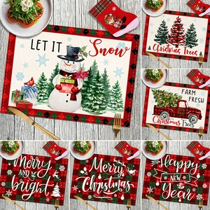 Christmas Placemats Cotton Linen Waterproof Heat Resistant Red Truck Snowman Xmas Dining Table Decor Festive Home