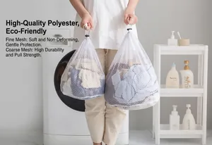 Detail of drawstring laundry bag showing fine and coarse mesh for washing machines