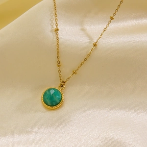 Luxurious 14K gold plated necklace with green round gemstone and beaded chain design