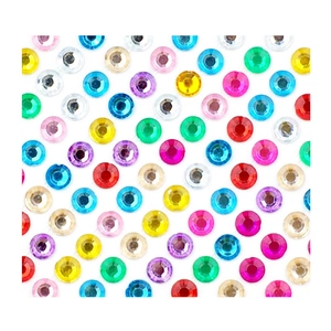 Detailed macro view of 3mm colorful acrylic rhinestones with multi-faceted clear surfaces