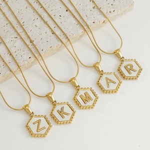 Hexagon Initial Letter Necklace Stainless Steel 18K Gold Plated White Shell Pendant Snake Chain Fashion Women Jewelry