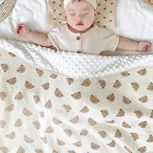 Soft cotton baby blanket with bear print and plush 3D bubble texture backing