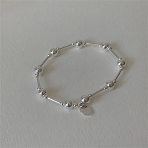 Minimalist 925 sterling silver bead and bar stretch bracelet with S925 engraved charm tag