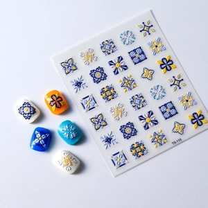 3D embossed Bohemian style nail art stickers with blue tile patterns for small nails