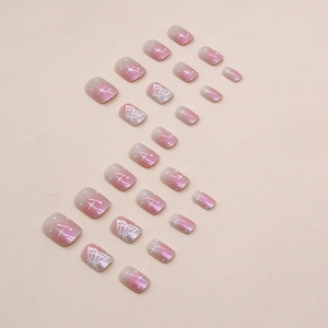 Pink gradient cat eye press-on nails with white butterfly and star designs