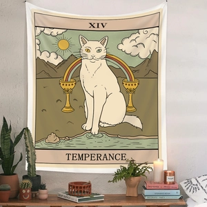 Detail view of cat tarot tapestry showing temperance card design with rainbow and sun