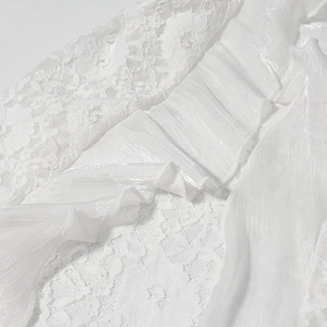 Gros plan de la broderie en dentelle blanche et du tissu plissé scintillant de la robe