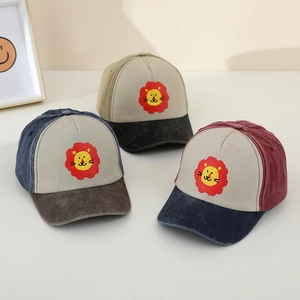 Kids Cotton Baseball Cap Lion Embroidery Color Block Adjustable Sun Protection Hat For Toddler Boys Girls