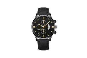 Detailed close-up of YOLAKO men's quartz watch with black leather strap and golden dial markers