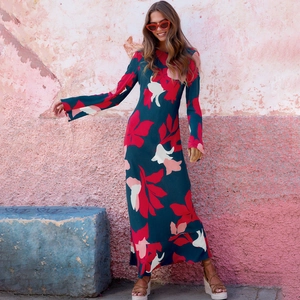 Robe longue bleu marine à manches évasées et imprimé floral rose pour femmes