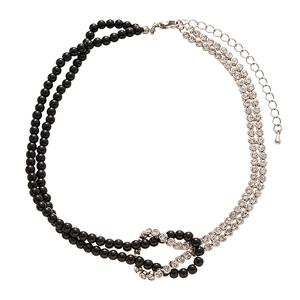 Double-layer dark contrast necklace with black beads and rhinestone knotted chain