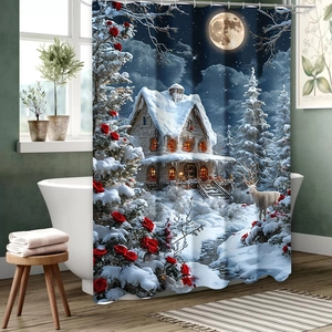 Rideau de douche avec chalet enneigé et renne blanc pour décor de Noël chic