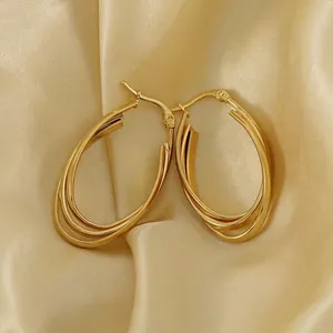 French Retro Multi Layer Overlapping Oval Hoop Earrings Women 18K Gold Plated Stainless Steel Geometric Polished Minimalist