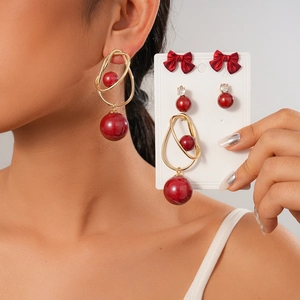 Alloy Imitation Artificial Pearl Bow Earrings With 925 Sterling Silver Earring Post Red Rhinestone Geometric Retro Jewelry