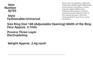 Specifications of AJ769 star moon ring featuring 14# adjustable size and 3.7mm width