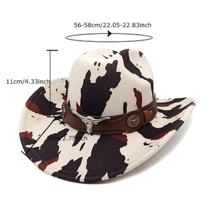 Western cowboy hat with cow print, leather band, bull head buckle and size specs
