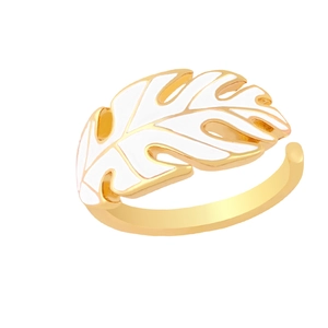 Minimalist gold monstera leaf open ring with white enamel finish in bohemian style