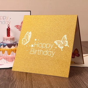 3D pop up Happy Birthday card with golden glitter butterfly and paper cake design