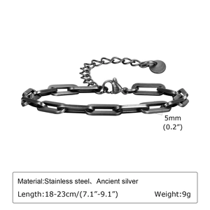 Detail view of 5mm stainless steel chain bracelet with lobster clasp and sizing specs