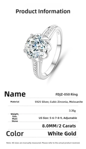 Detailed specifications chart for 2 carat moissanite ring in S925 sterling silver
