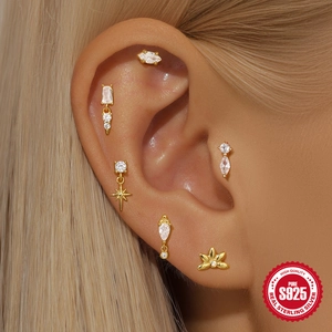 S925 Sterling Silver Gold Star and CZ Earring Set of 7 Pieces for Women on Model
