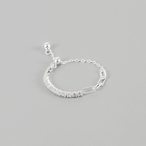 Adjustable S925 sterling silver chain ring with clear zircons and slide bead closure