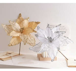 Exquisite champagne and silver poinsettia flowers with sequins for Christmas tree decor
