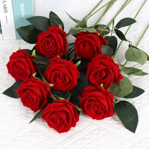 Realistic Artificial Rose Flower Single Long Stem Satin Velvet Fabric Fake Roses For Home Wedding Party Table Decoration