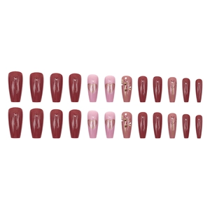 24pcs wine red and pink heart rhinestones luxury long coffin press on nails set