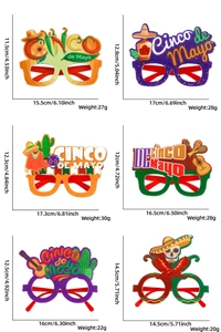 Detailed size chart for six colorful Cinco de Mayo paper party glasses with dimensions