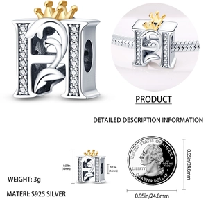 Macro detail of S925 silver letter H bead with gold crown and swan design on bracelet