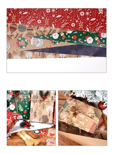 Close-up of vintage Christmas kraft wrapping paper with reindeer and Santa patterns