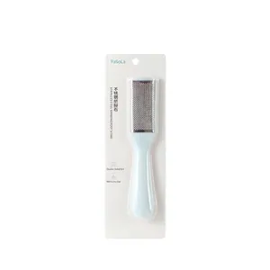 Double-sided stainless steel foot rasp with light blue handle for callus removal
