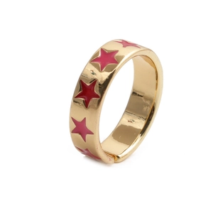 Adjustable gold band ring featuring red and pink enamel star patterns in a 45-degree view