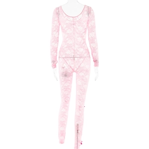 Detailed back view of pink lace bodysuit featuring long sleeves and an open back design