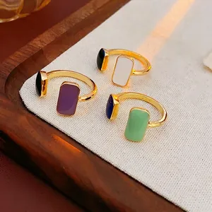Geometric Open Ring Alloy Enamel Adjustable Colorful Rectangular Block Retro Fashion Jewelry For Women