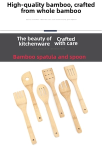 Detail view of 6-piece natural bamboo cooking utensil set with hanging holes on handles
