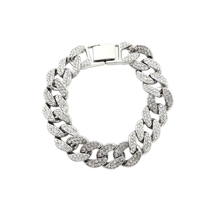 Silver 15mm flat Cuban link bracelet iced out with clear rhinestones on white background