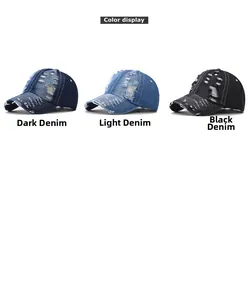 Detailed comparison of distressed denim baseball caps in dark blue, light blue, and black