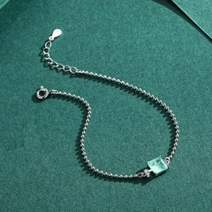 S925 sterling silver beaded bracelet with square mint green tourmaline pendant