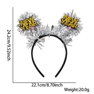 Black and gold Happy New Year 2026 headband with tinsel poms and glitter stars