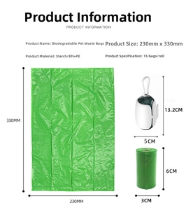 Detailed specs of biodegradable pet waste bags with dispenser and clip attachment