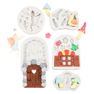 Fairy garden silicone mold set for fondant mushroom and wooden door cake decorations