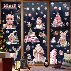 Pink Christmas Window Clings Static PVC Double Sided Watercolor Santa Snowman Reindeer For Holiday Home Party Glass Decoration
