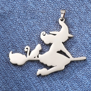 Polished stainless steel pendant featuring a witch on a broomstick with a cat